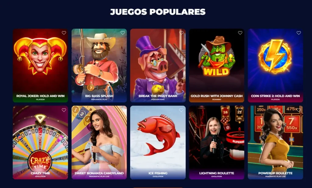 Colección de juegos populares en Nine Casino incluyendo slots y casino en vivo.