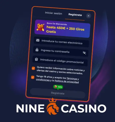 Formulario de registro en Nine Casino con bono de bienvenida de 450€ para nuevos usuarios.