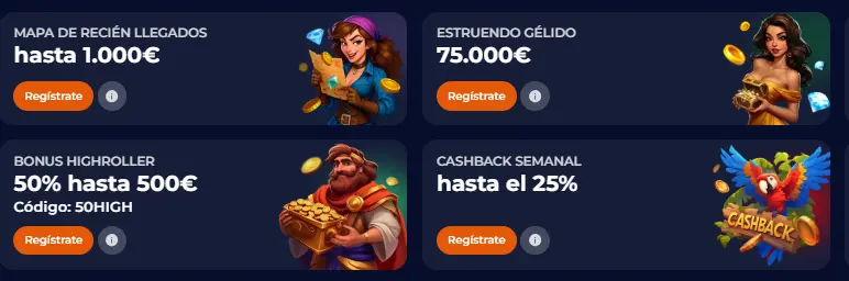 Lista de promociones en Nine Casino con bonos de bienvenida, highroller y cashback semanal.
