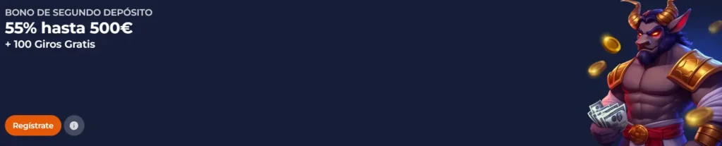 Bono de segundo depósito del 55% hasta 500€ y 100 giros gratis para seguir jugando.