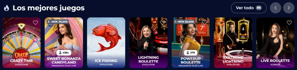 Selección de los mejores juegos de casino en vivo y shows populares en la plataforma Nine Casino.