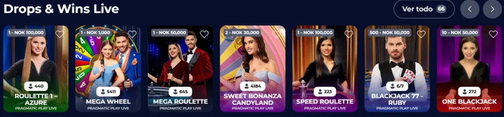 Sección Drops & Wins Live de Nine Casino con juegos de ruleta y blackjack de Pragmatic Play Live.