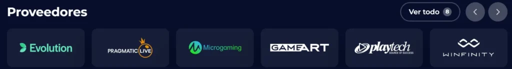 Sección 'Proveedores' con logos de empresas de software como Evolution y Pragmatic Live.