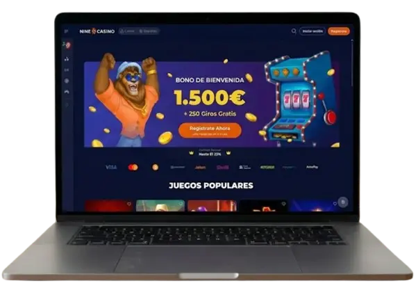 Portátil con el sitio web de Nine Casino abierto, mostrando la interfaz, los bonos y los juegos populares en la pantalla.