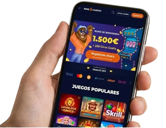 Teléfono móvil con el sitio web de Nine Casino, mostrando el bono de bienvenida y la interfaz.