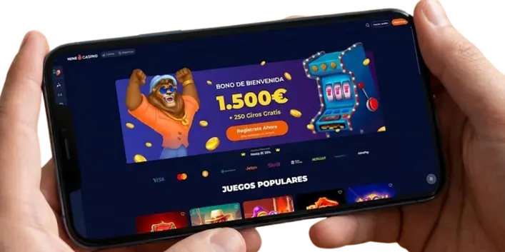 Vista móvil horizontal de Nine Casino destacando el bono de bienvenida de 1.500€ y juegos.